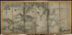 Willow, Egrets in Plum and Willow, Six-panel folding screen by Sesson Shkei